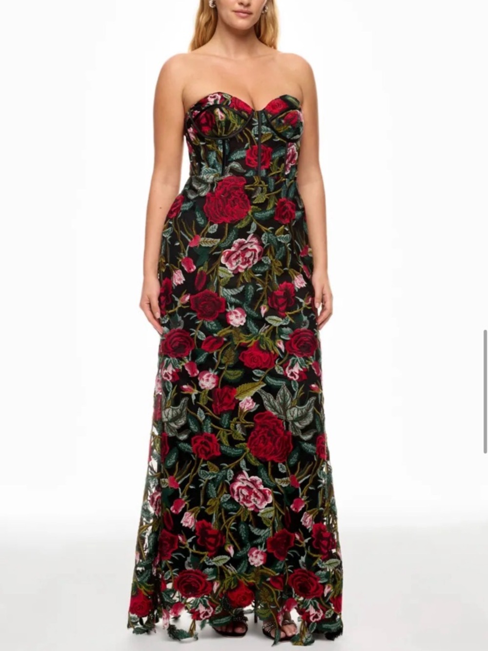 Mac Duggal Black Strapless Gown with Red & Pink Floral Embroidery
